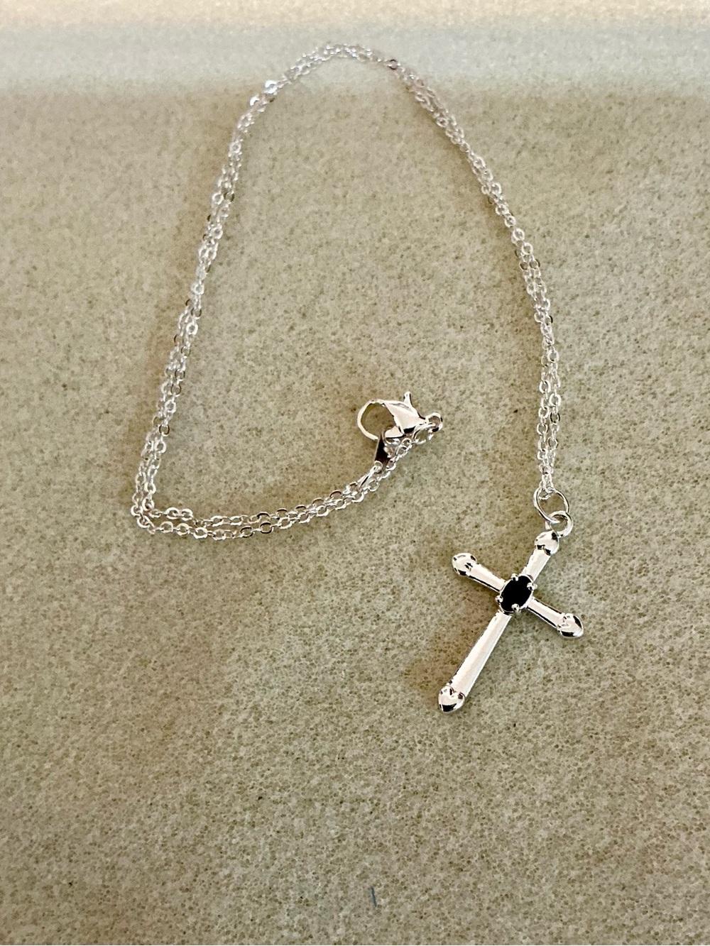 Silver Cross Necklace with Black Stone Pendant, 20”